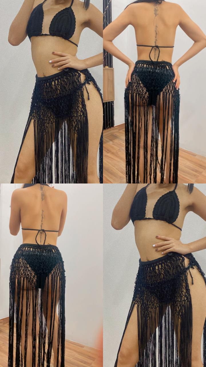 Conjunto crochet negro de flecos (3 piezas)